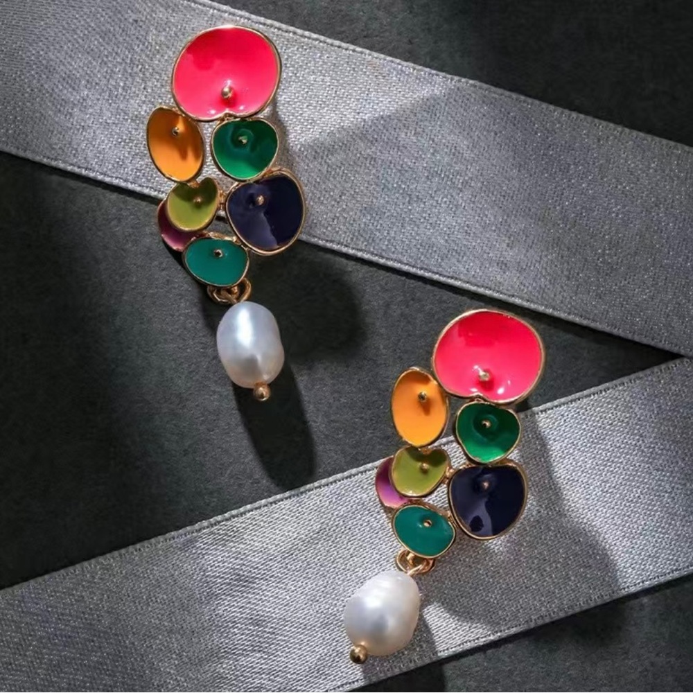 Colorful Delicate Drop Earrings With Faux Pearl Pendant Boho Style Dangle Earrin